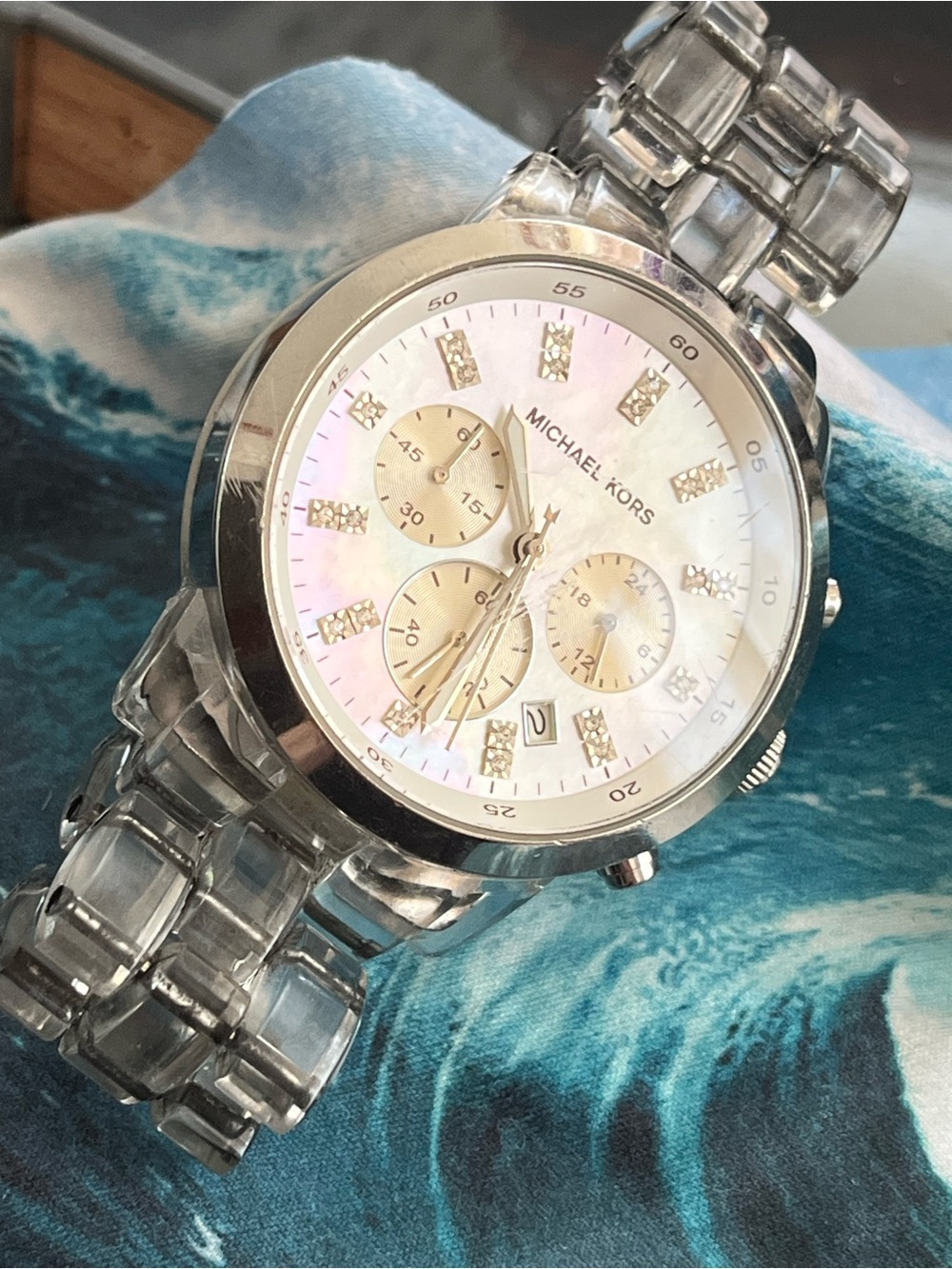 Michael Kors MK5235 Chronograph Watch Clear Acrylic Mother of Pearl Chunky